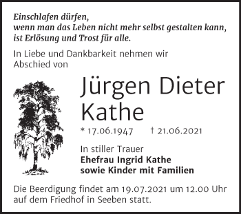 Traueranzeige von Jürgen Dieter Kathe von Mitteldeutsche Zeitung Halle/Saalkreis
