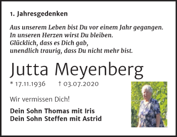 Traueranzeige von Jutta Meyenberg von Trauerkombi Bitterfeld