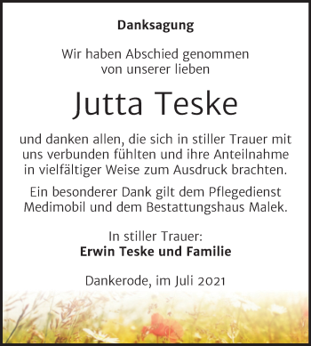 Traueranzeige von Jutta Teske von Trauerkombi Sangerhausen
