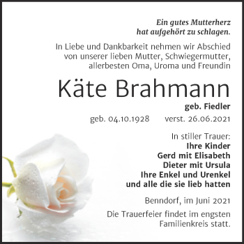 Traueranzeige von Käte Brahmann von Trauerkombi Mansfelder Land