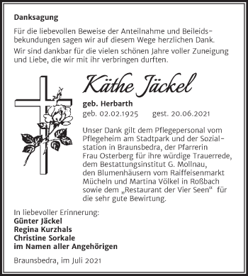 Traueranzeige von Käthe Jäckel von Trauerkombi Merseburg