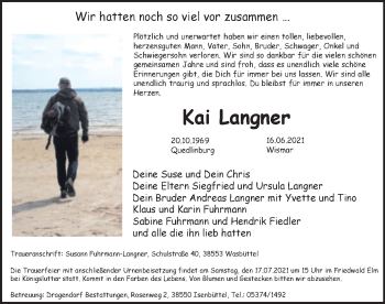 Traueranzeige von Kai Langner von Mitteldeutsche Zeitung Quedlingburg