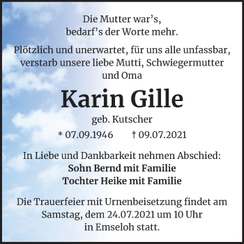 Traueranzeige von Karin Gille von Trauerkombi Sangerhausen