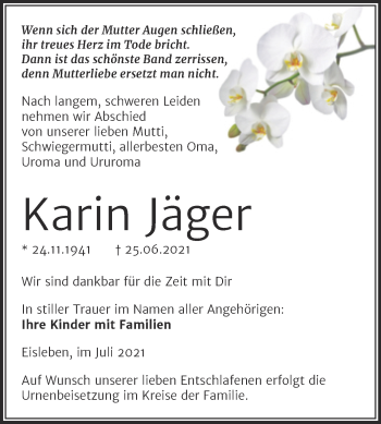 Traueranzeige von Karin Jäger von Trauerkombi Mansfelder Land