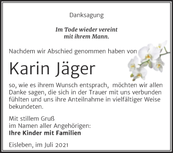 Traueranzeige von Karin Jäger von Trauerkombi Mansfelder Land