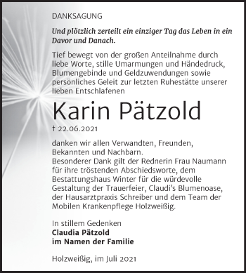 Traueranzeige von Karin Pätzold von Trauerkombi Bitterfeld