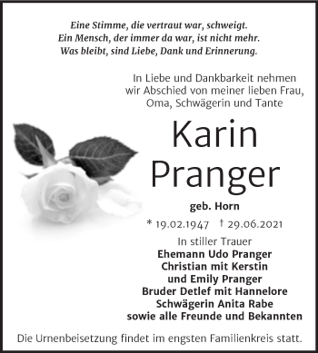 Traueranzeige von Karin Pranger von Trauerkombi Wittenberg