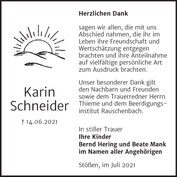 Traueranzeige von Karin Schneider von Trauerkombi Weißenfels