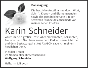 Traueranzeige von Karin Schneider von Mitteldeutsche Zeitung Halle/Saalkreis