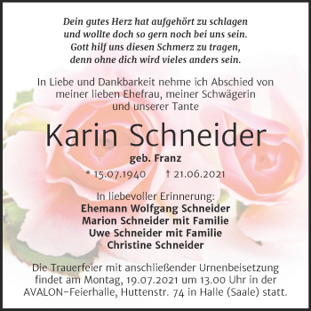 Traueranzeige von Karin Schneider von Mitteldeutsche Zeitung Halle/Saalkreis