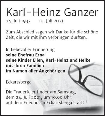 Traueranzeige von Karl-Heinz Ganzer von Wochenspiegel Naumburg/Nebra