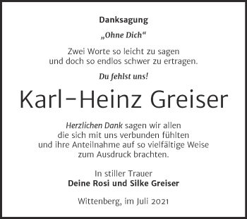 Traueranzeige von Karl-Heinz Greiser von Trauerkombi Wittenberg