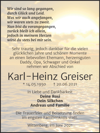 Traueranzeige von Karl-Heinz Greiser von Trauerkombi Wittenberg
