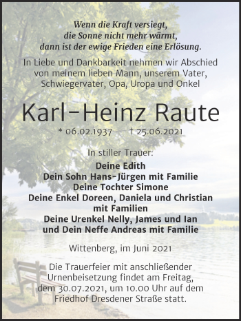 Traueranzeige von Karl-Heinz Raute von Trauerkombi Wittenberg