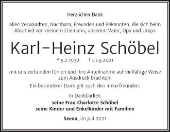 Traueranzeige von Karl-Heinz Schöbel von Wochenspiegel Naumburg/Nebra