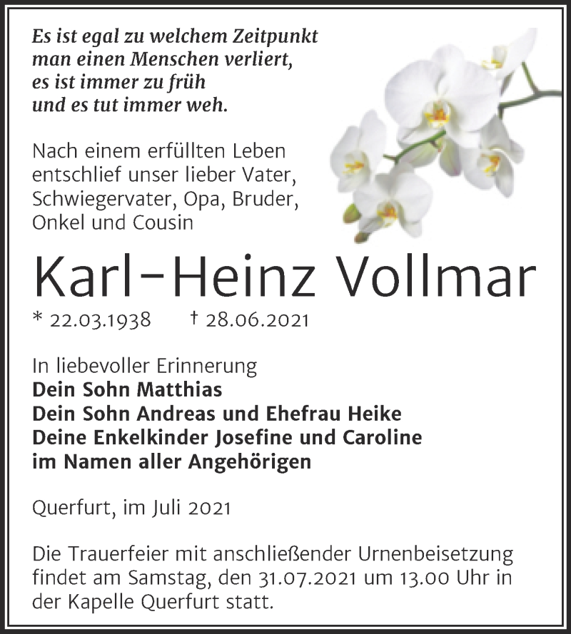  Traueranzeige für Karl-Heinz Vollmar vom 21.07.2021 aus Trauerkombi Merseburg