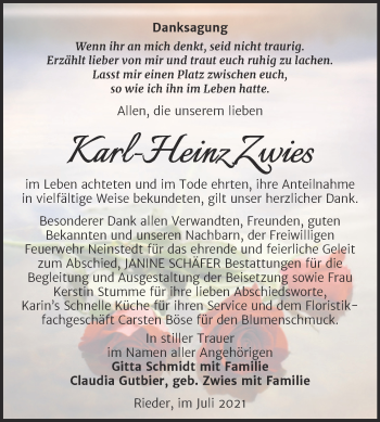 Traueranzeige von Karl-Heinz Zwies von Trauerkombi Quedlinburg