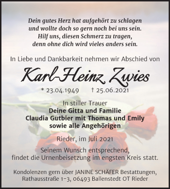 Traueranzeige von Karl-Heinz Zwies von Trauerkombi Quedlinburg