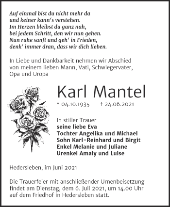 Traueranzeige von Karl Mantel von Mitteldeutsche Zeitung Quedlingburg
