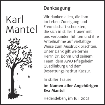 Traueranzeige von Karl Mantel von Trauerkombi Quedlinburg