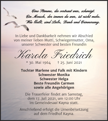 Traueranzeige von Karola Friedrich von Trauerkombi Zeitz