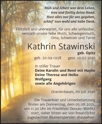 Traueranzeige von Kathrin Stawinski von Trauerkombi Wittenberg