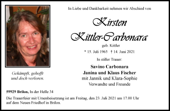 Traueranzeige von Kirsten Kittler-Cabonara von Trauerkombi Weißenfels