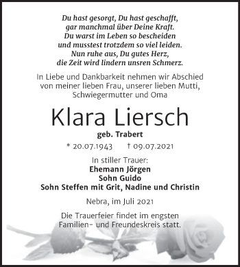 Traueranzeige von Klara Liersch von Naumburger Tageblatt