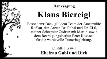 Traueranzeige von Klaus Biereigl von Trauerkombi Dessau
