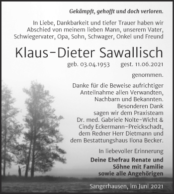 Traueranzeige von Klaus-Dieter Sawallisch von Trauerkombi Sangerhausen
