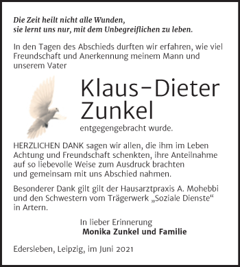 Traueranzeige von Klaus-Dieter Zunkel von Trauerkombi Sangerhausen