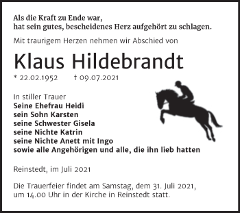 Traueranzeige von Klaus Hildebrandt von Trauerkombi Aschersleben
