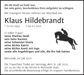 Traueranzeige von Klaus Hildebrandt von Trauerkombi Aschersleben