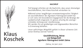 Traueranzeige von Klaus Koschek von Super Sonntag Wittenberg