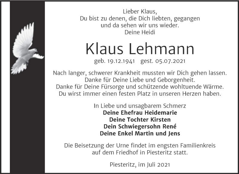  Traueranzeige für Klaus Lehmann vom 10.07.2021 aus Trauerkombi Wittenberg