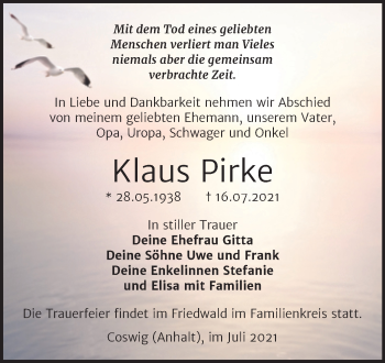 Traueranzeige von Klaus Pirke von Trauerkombi Wittenberg