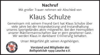 Traueranzeige von Klaus Schulze von Naumburger Tageblatt