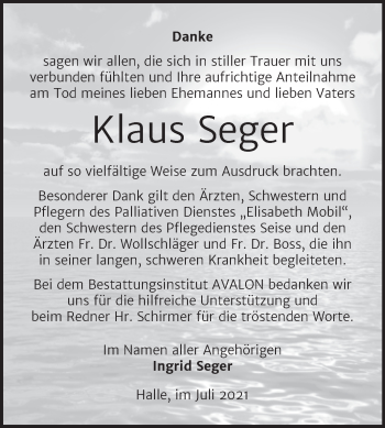Traueranzeige von Klaus Seger von Mitteldeutsche Zeitung Halle/Saalkreis