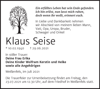 Traueranzeige von Klaus Seise von Trauerkombi Weißenfels