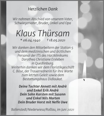 Traueranzeige von Klaus Thürsam von Mitteldeutsche Zeitung Quedlingburg