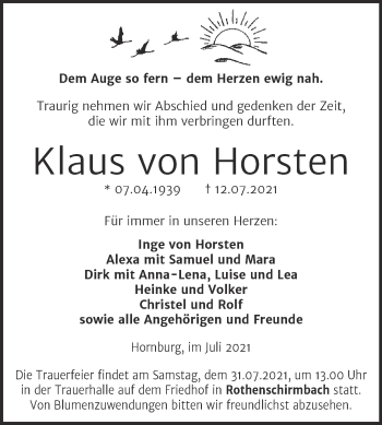 Traueranzeige von Klaus von Horsten von Trauerkombi Mansfelder Land