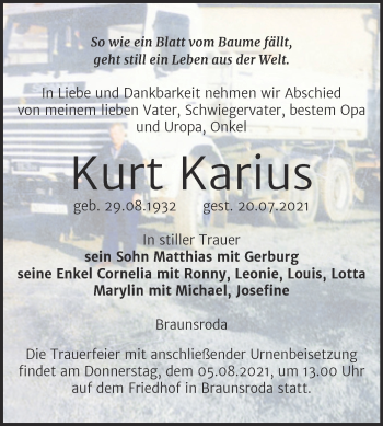 Traueranzeige von Kurt Karius von Naumburger Tageblatt
