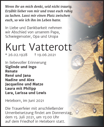 Traueranzeige von Kurt Vatterott von Trauerkombi Quedlinburg