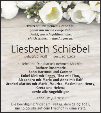 Traueranzeige von Liesbeth Schiebel von Mitteldeutsche Zeitung Bitterfeld