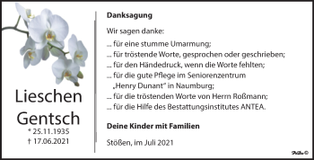 Traueranzeige von Lieschen Gentsch von Wochenspiegel Naumburg/Nebra