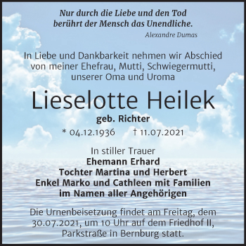 Traueranzeige von Lieselotte Heilek von Trauerkombi Bernburg