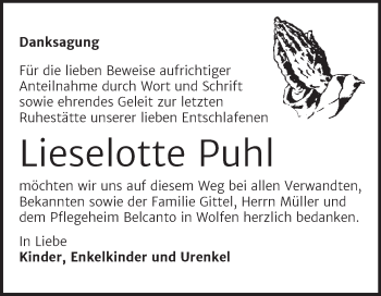 Traueranzeige von Lieselotte Puhl von Trauerkombi Bitterfeld