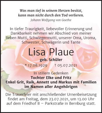 Traueranzeige von Lisa Plaue von Trauerkombi Bernburg
