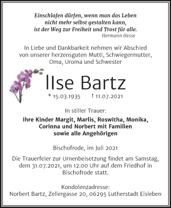 Traueranzeige von lIse Bartz von Trauerkombi Mansfelder Land