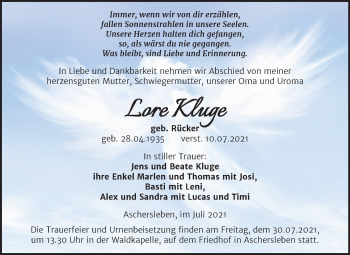 Traueranzeige von Lore Kluge von Trauerkombi Aschersleben
